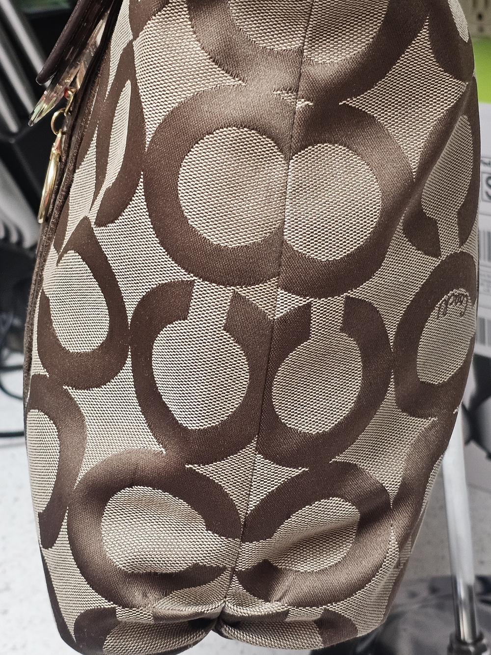 Coach Poppy Glam Op Art Signature Jacquard Canvas & Khaki Bronze Metallic Tote - Picture 12 of 15